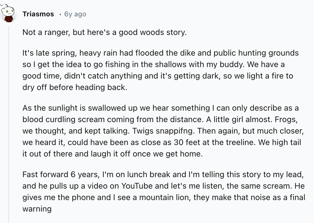 document - Triasmos . 6y ago Not a ranger, but here's a good woods story. It's late spring, heavy rain had flooded the dike and public hunting grounds so I get the idea to go fishing in the shallows with my buddy. We have a good time, didn't catch anythin